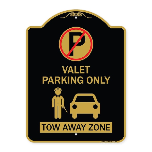 Signmission Valet Parking Tow Away Zone W/ Car Graphic, Black & Gold Aluminum Sign, 18" x 24", BG-1824-22761 A-DES-BG-1824-22761 - main
